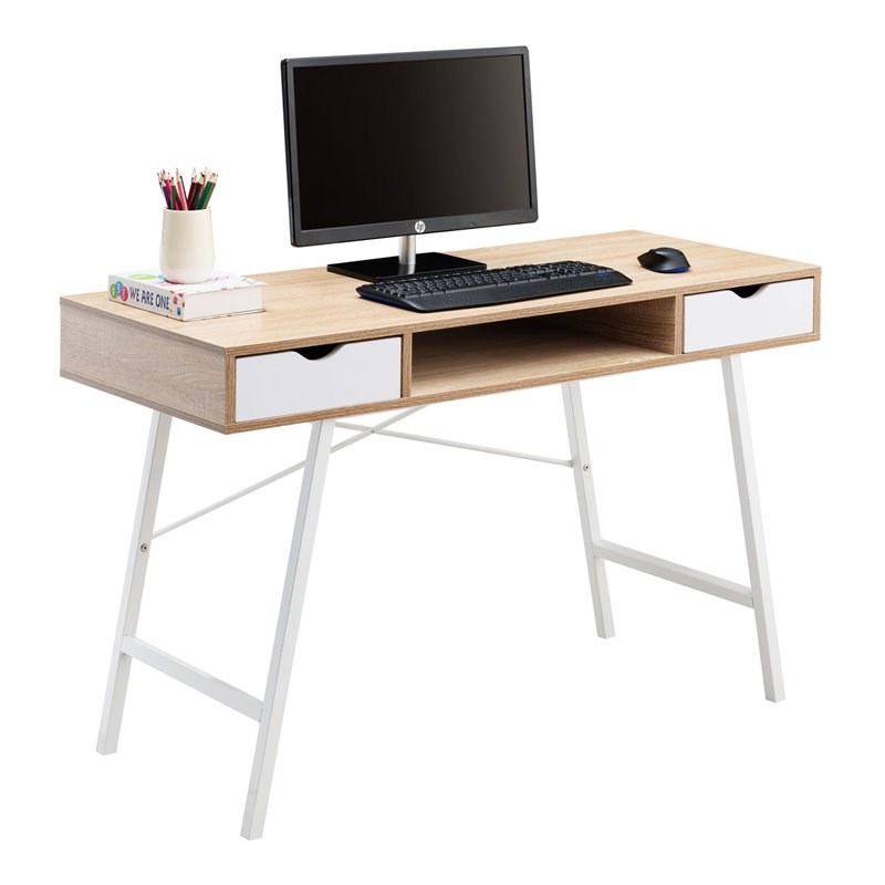 JJS Wood & Metal Home Office Writing/Computer Desk with Drawers in White/Oak