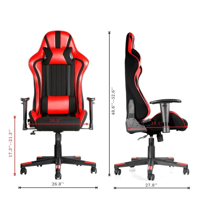 JJS PU Faux Leather Gaming Computer Chair with Removable Headrest in Red