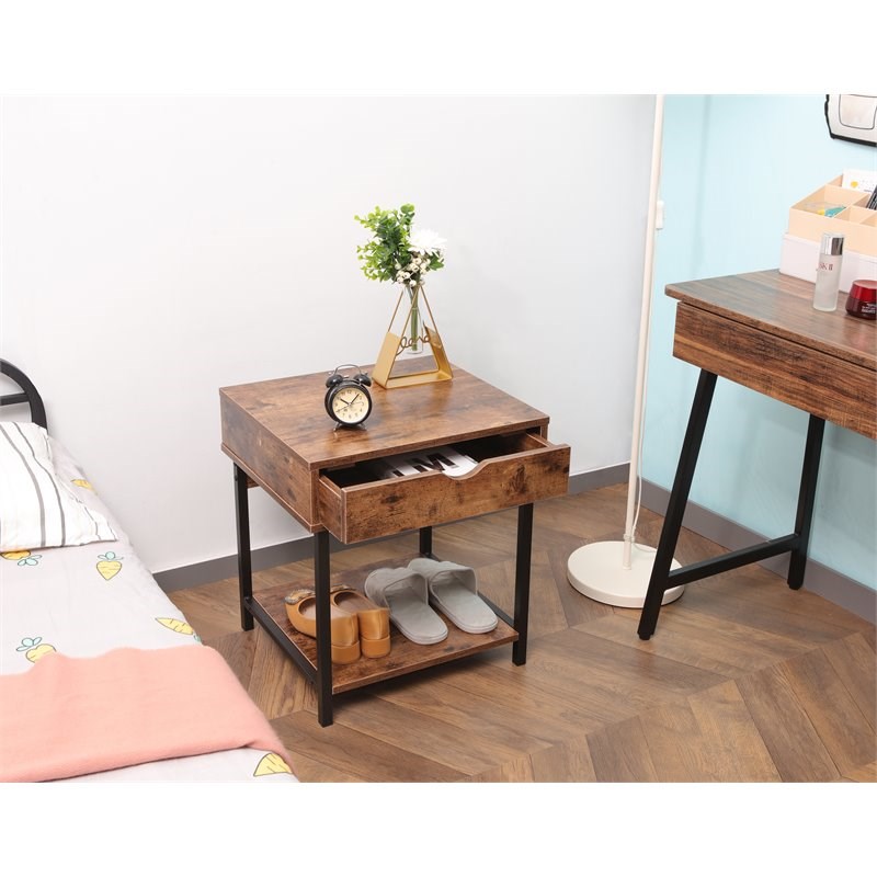 JJS Modern Wood End Table with Drawer and Storage Shelves in Rustic Brown
