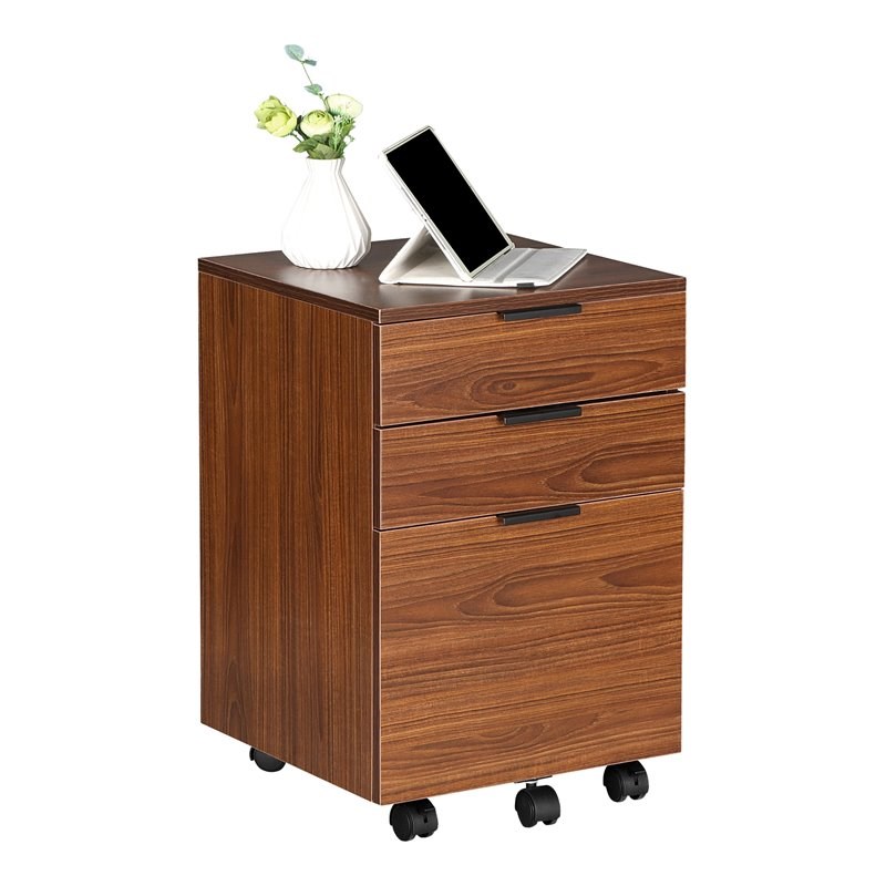 JJS 3-Drawer Modern Wood Rolling File Cabinet with Locking Wheels in Brown
