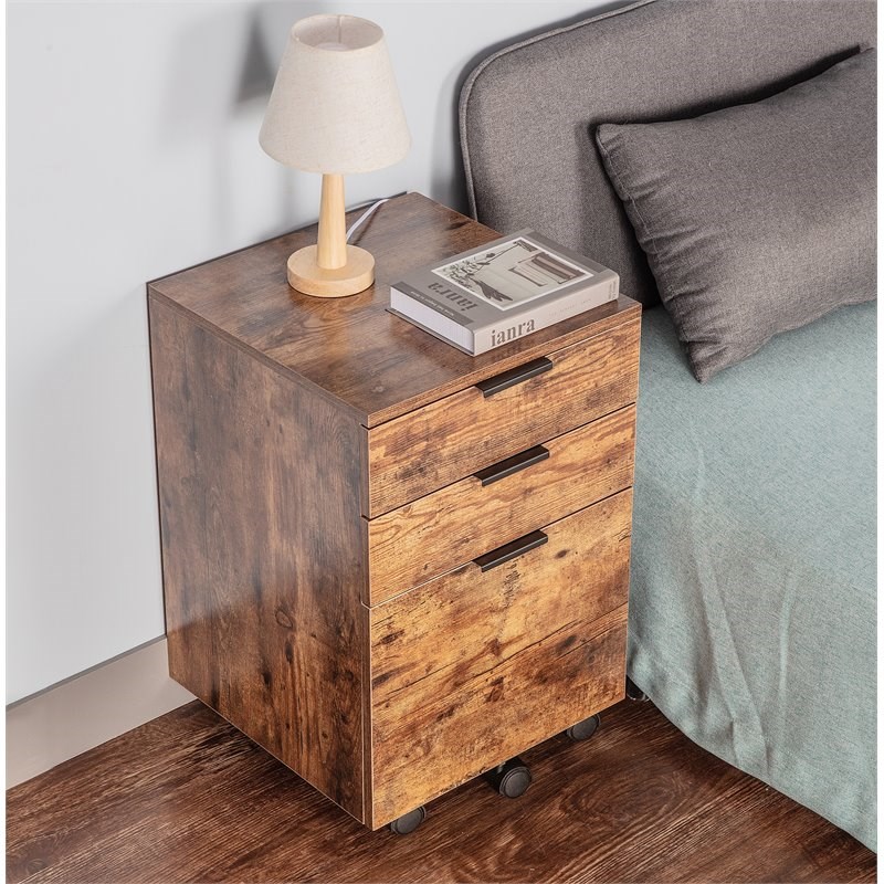 JJS 3-Drawer Wood Rolling File Cabinet with Locking Wheels in Rustic Brown