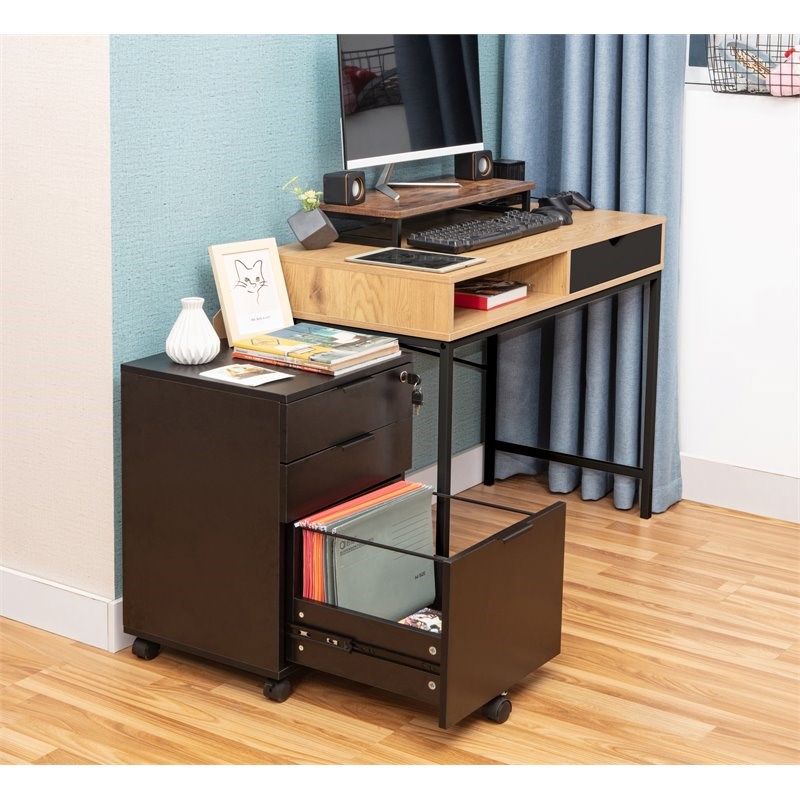 JJS 3-Drawer Modern Wood Rolling File Cabinet with Lock in Black