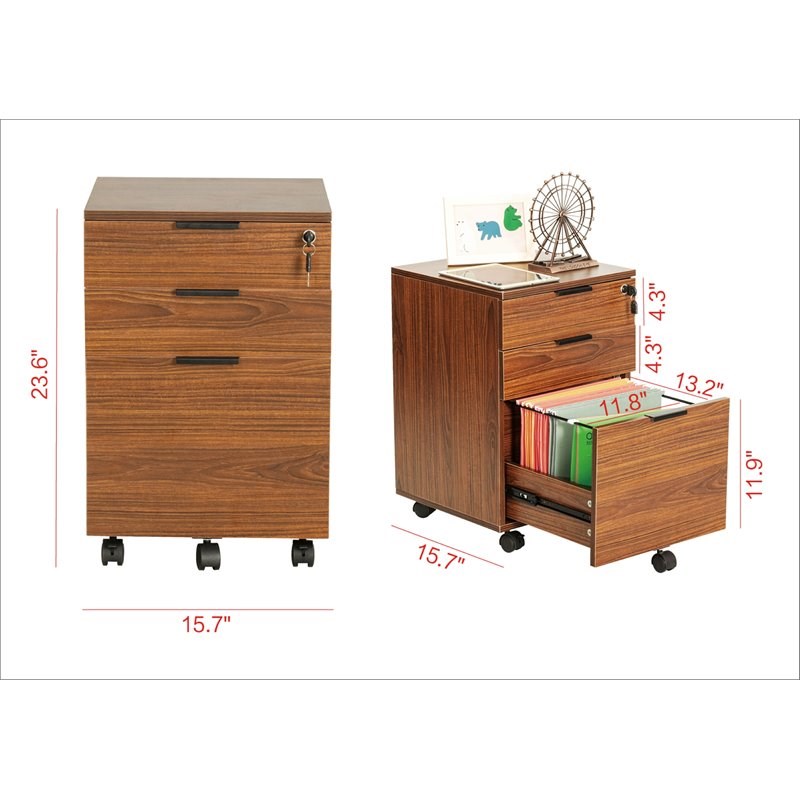 JJS 3-Drawer Modern Wood Rolling File Cabinet with Lock in Brown