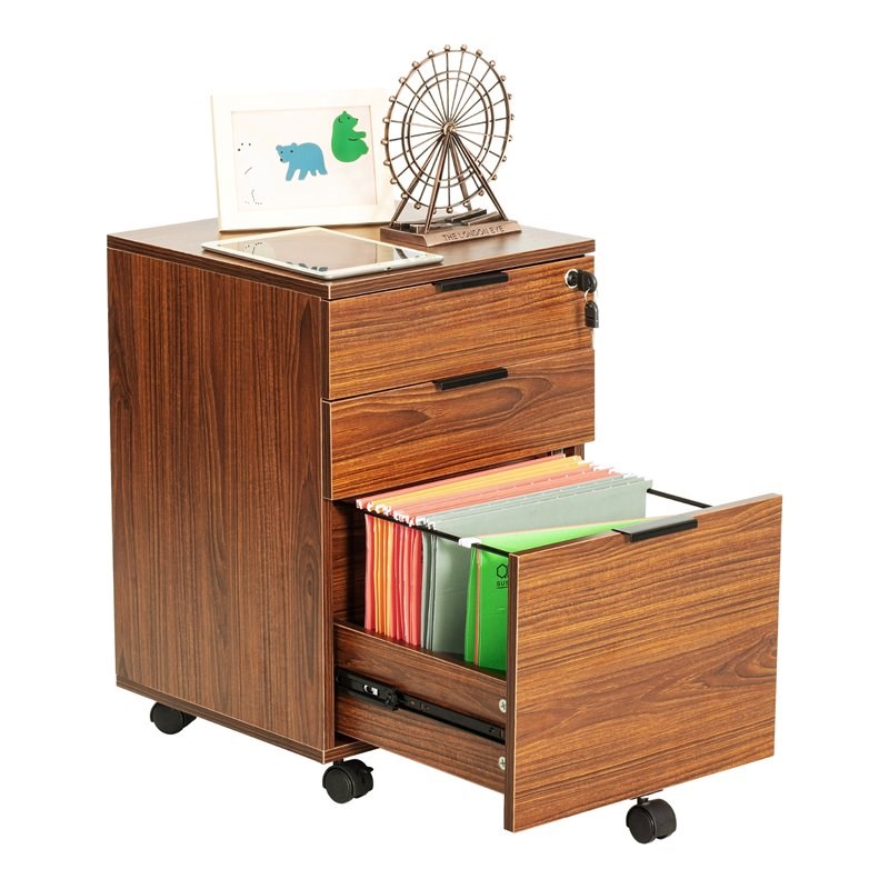 Wood Rolling File Office Cabinet Cart Locking 3 Drawer Storage Casters Mahogany 