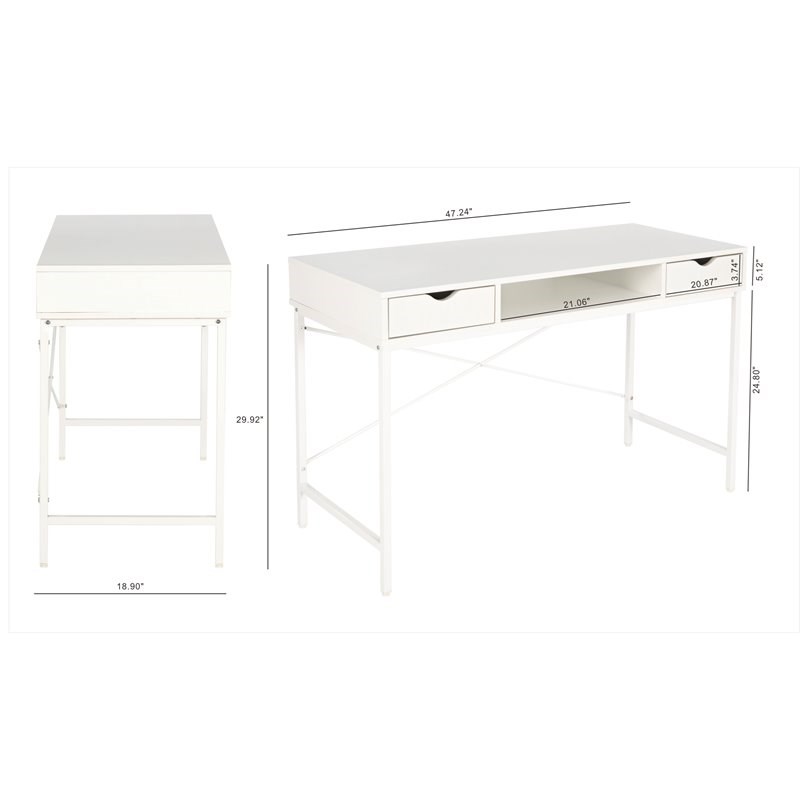 JJS Wood & Metal Writing/Computer Desk with Drawers in White