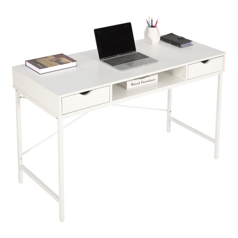 JJS Wood & Metal Writing/Computer Desk with Drawers in White