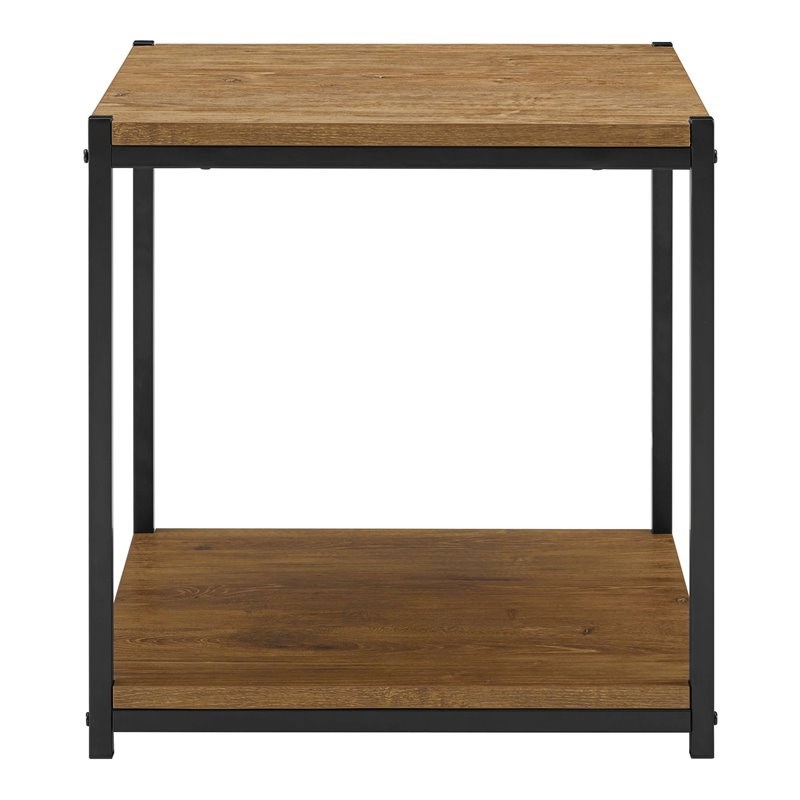 Caffoz Wood & Metal Frame End Table with Storage Shelf in Oak Brown