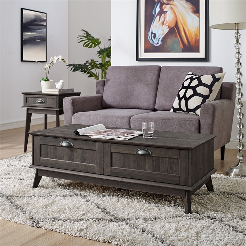 Caffoz Newport Series Wood Center Coffee Table with 2 Drawers in Smoke Oak