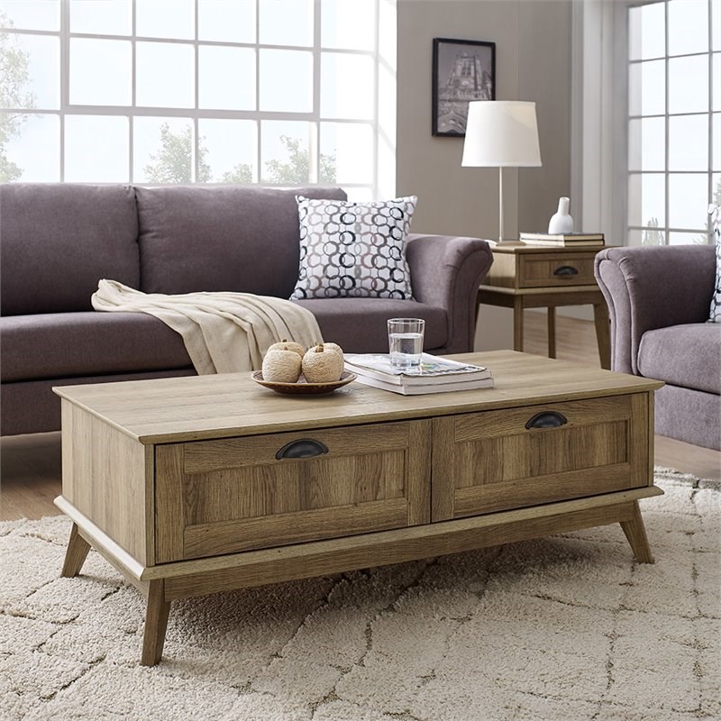 Caffoz Newport Series Wood Center Coffee Table with 2 Drawers in Golden Oak