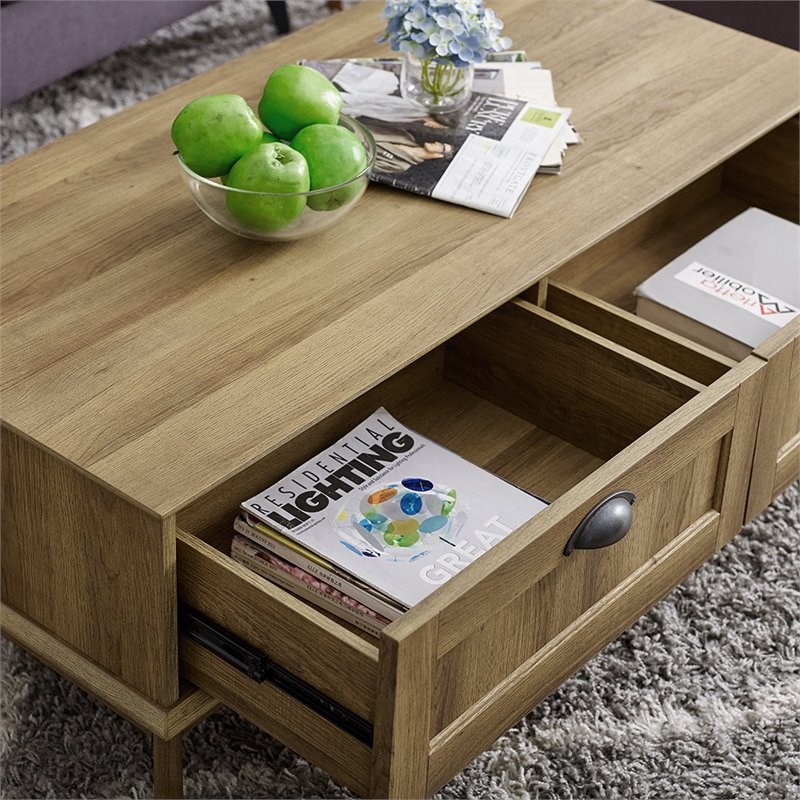 Caffoz Newport Series Wood Center Coffee Table with 2 Drawers in Golden Oak
