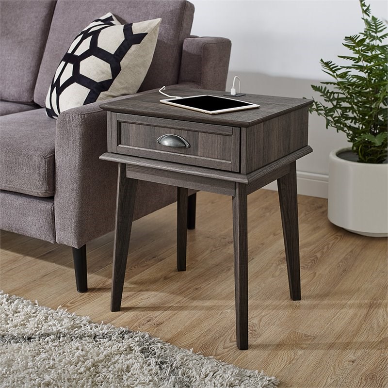 Caffoz Newport Series Wood End Table with Storage Drawer in Smoke Oak