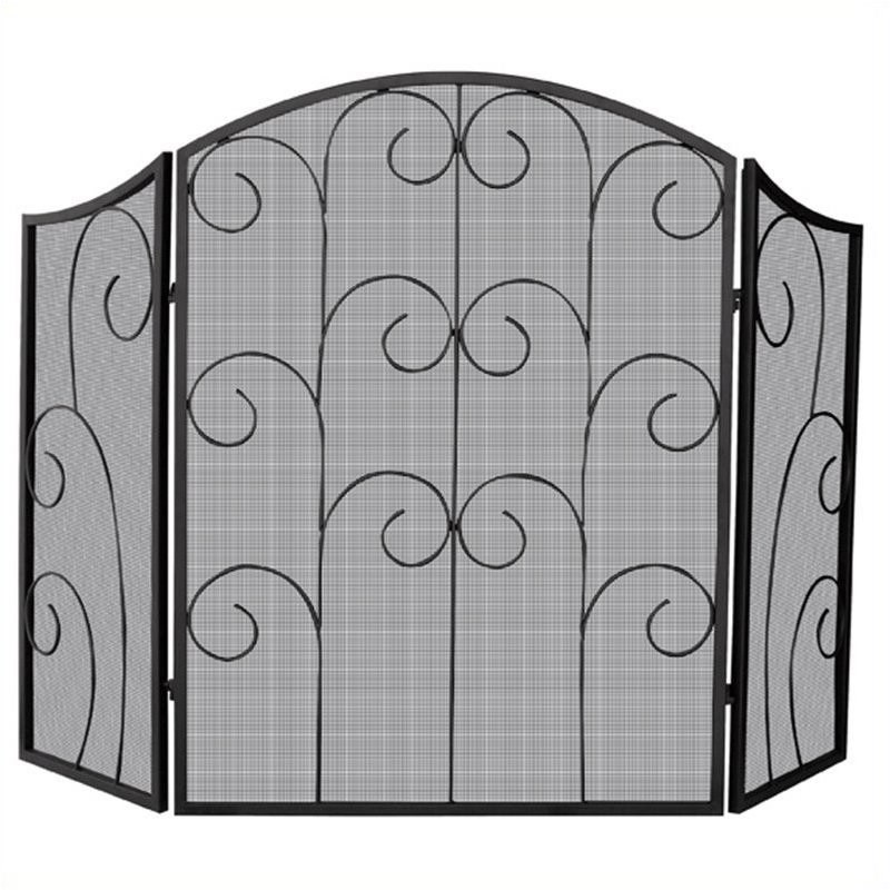 Uniflame 3 Panel Black Wrought Iron Screen with Decorative Scroll