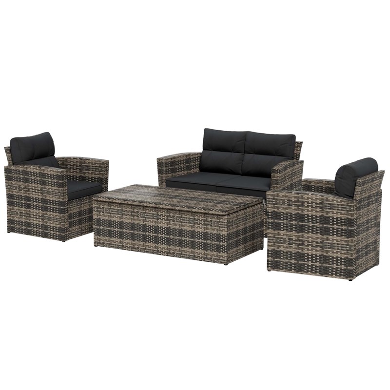 Maldives 4 PC Rattan Wicker Conversation Seating Group With Gray Cushions