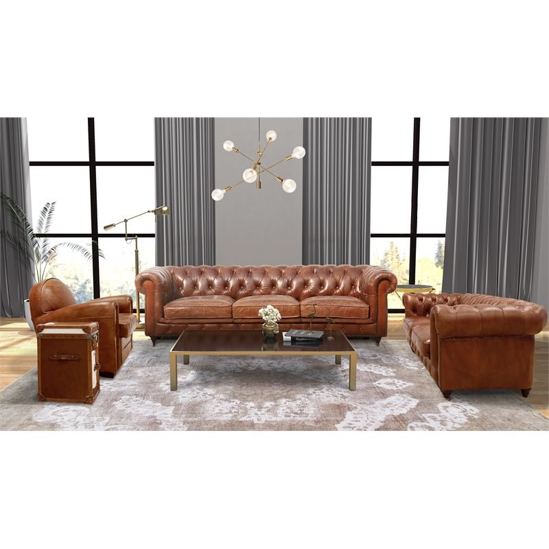Pasargad Home Chester Bay 2 Seat Genuine Leather Tufted Loveseat in Brown