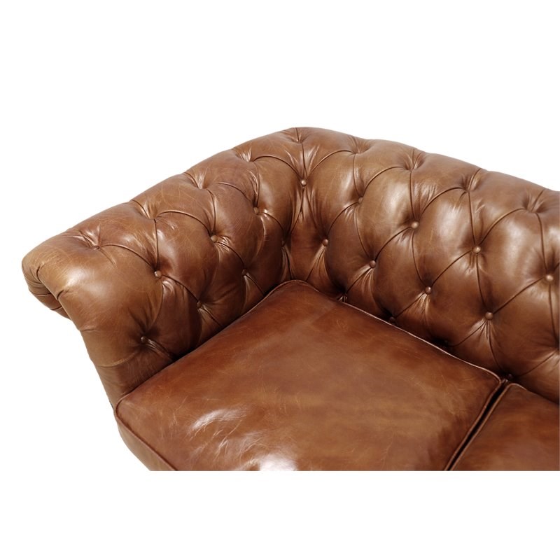 Pasargad Home Chester Bay 2 Seat Genuine Leather Tufted Loveseat in Brown