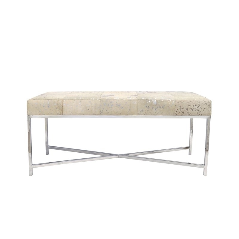 Pasargad Home Safari Cowhide Silver Bench with X Base Legs