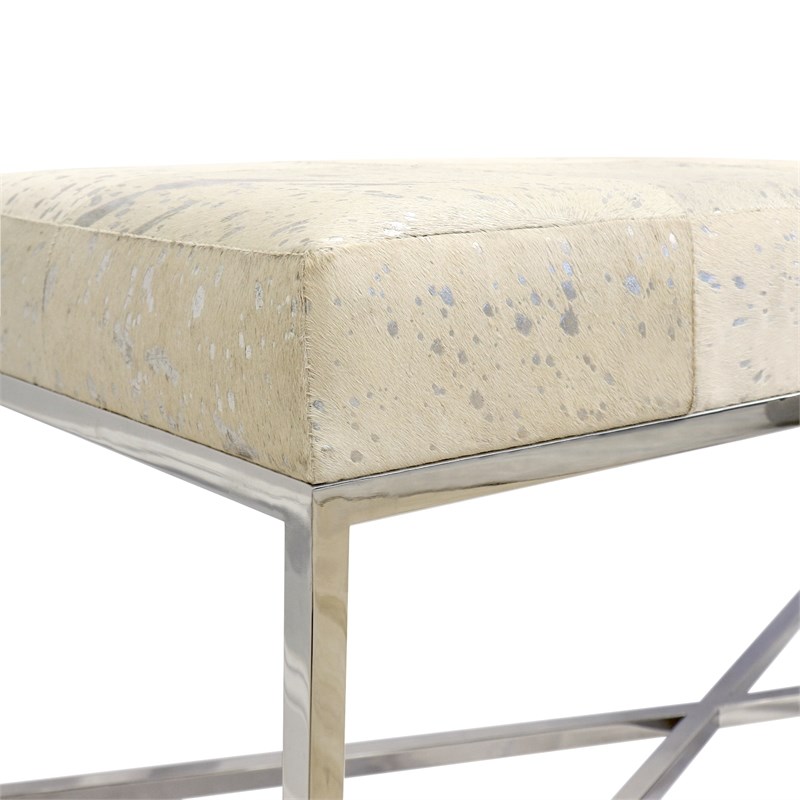 Pasargad Home Safari Cowhide Silver Bench with X Base Legs