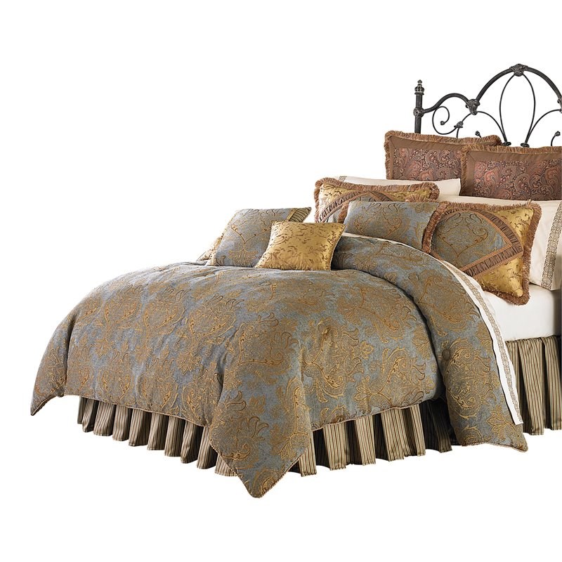 Michael Amini Victoria 9-piece Fabric Queen Comforter Set in Spa Blue/Gold
