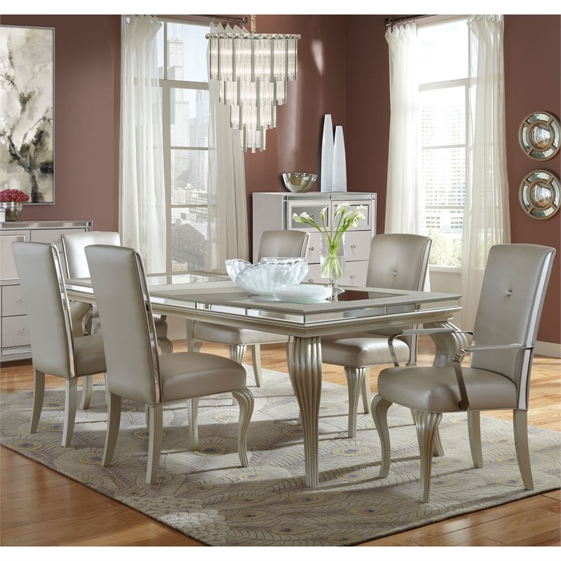 Michael Amini Hollywood Loft Wood & Glass Dining Table in Frost Ivory