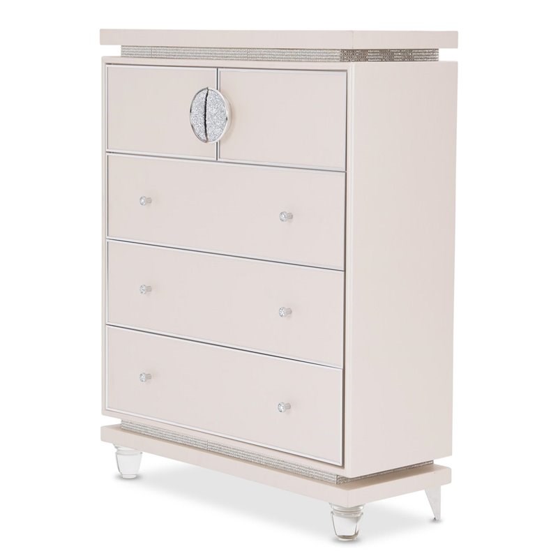 Michael Amini Glimmering Heights Upholstered 5-Drawer Wood/Vinyl Chest in Ivory