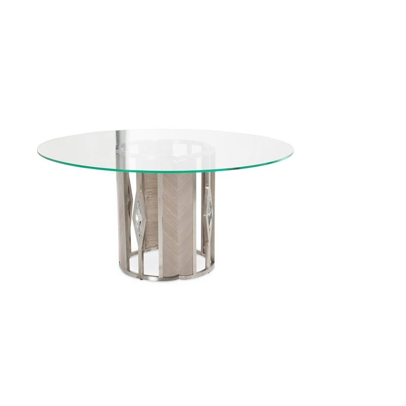Michael Amini Camden Court Round Wood & Glass Dining Table in Ivory Pearl/Taupe