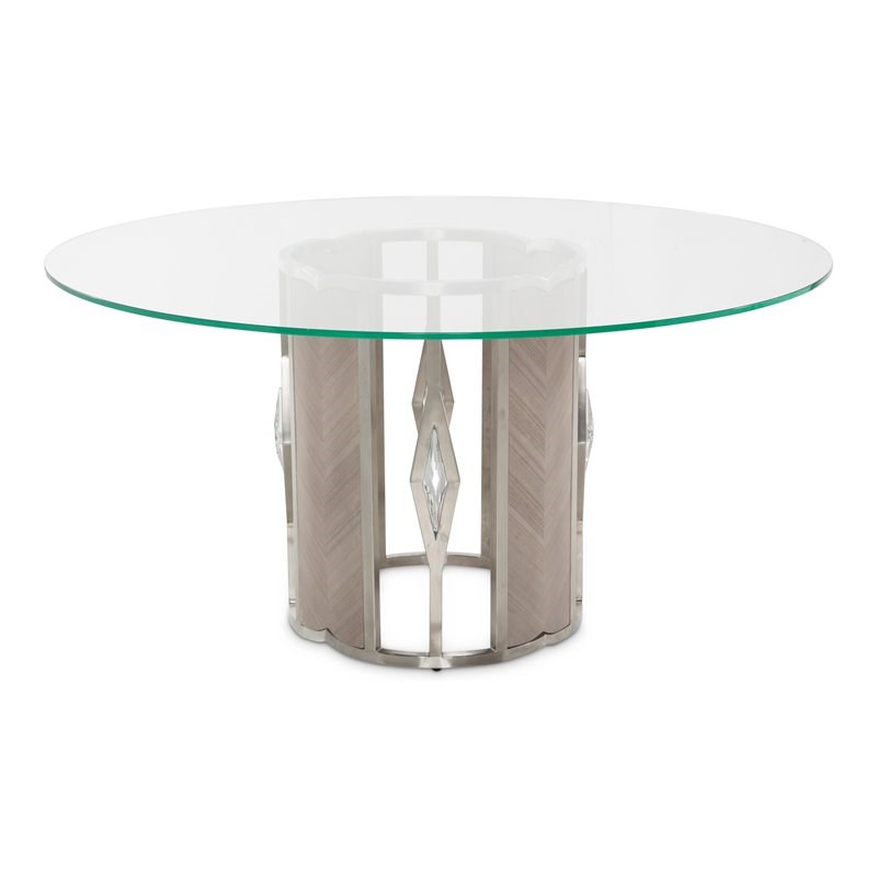 Michael Amini Camden Court Round Wood & Glass Dining Table in Ivory Pearl/Taupe