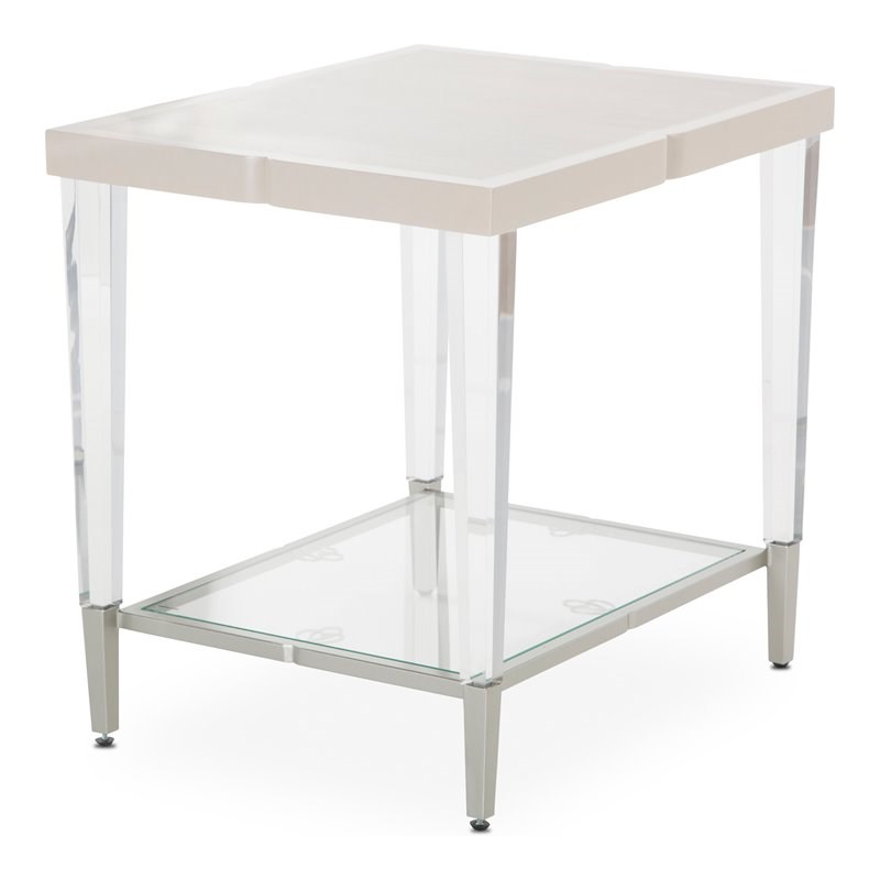 Michael Amini Camden Court Wood & Glass End Table in Ivory Pearl & Taupe