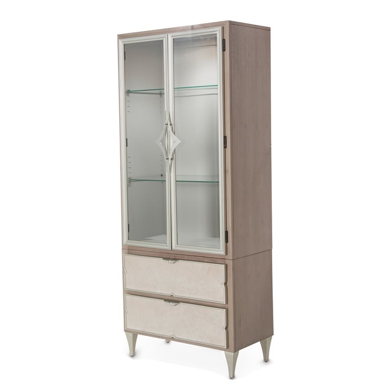 Michael Amini Camden Court Wood & Glass Display Cabinet in Ivory Pearl & Taupe