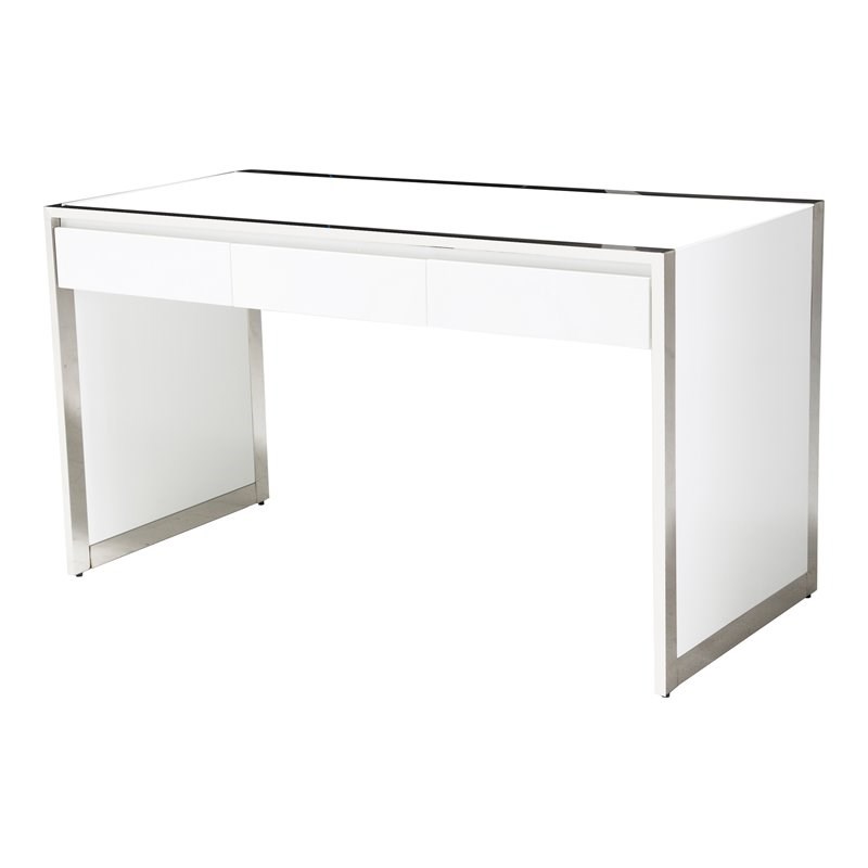 Michael Amini State St. Stainless Steel & Glass Writing Desk in Glossy White