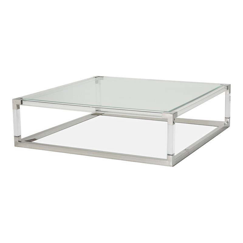 Michael Amini State St. Square Stainless Steel & Glass Cocktail Table in White