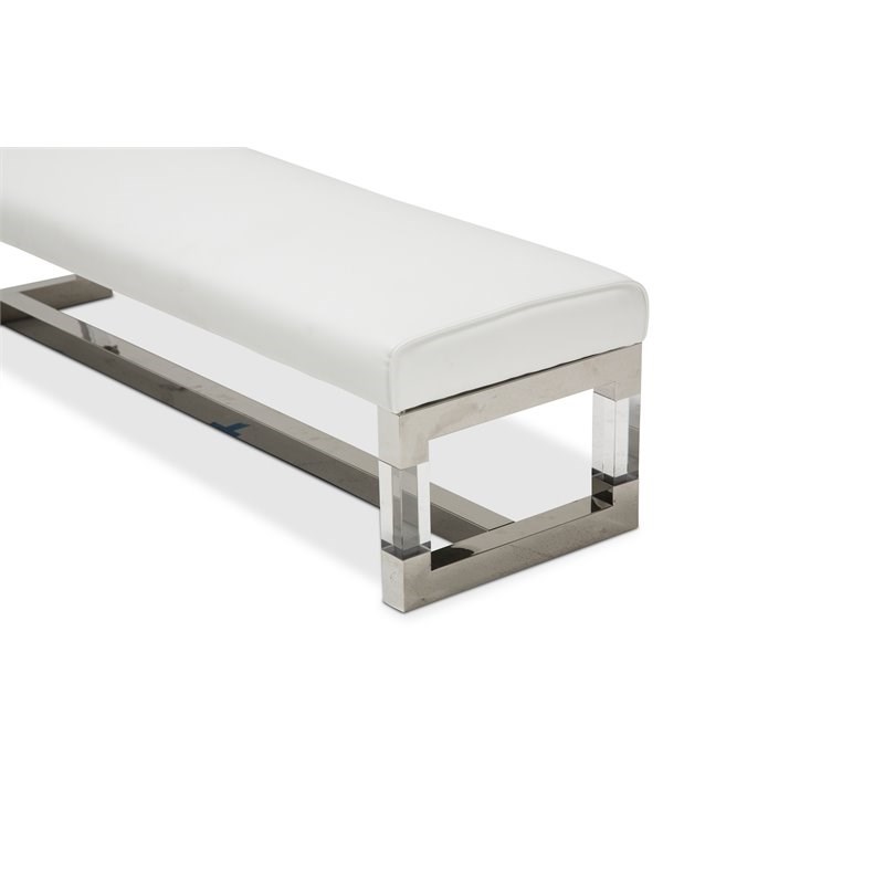 Michael Amini State St. Modern Stainless Steel & Vinyl Bed Bench in White
