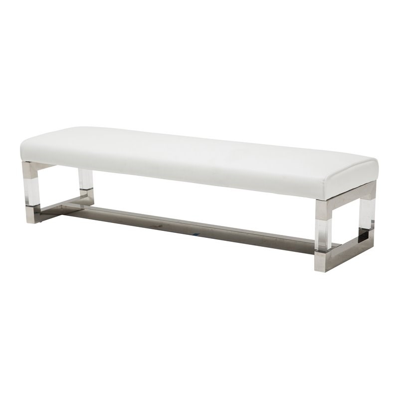 Michael Amini State St. Modern Stainless Steel & Vinyl Bed Bench in White