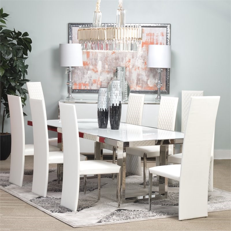 Michael Amini State St. Stainless Steel & Glass Dining Table in Glossy White