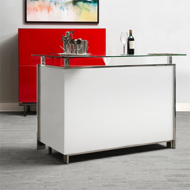 Michael Amini State St. Stainless Steel Bar with Glass Top in Glossy White