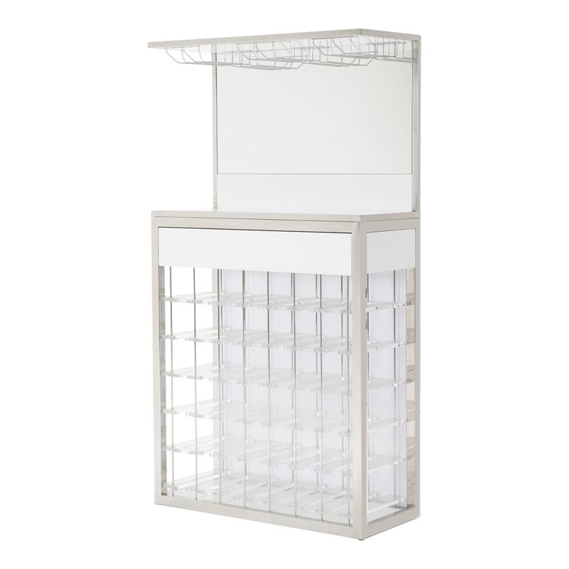 Michael Amini State St. Modern Stainless Steel & Glass Wall Bar in Glossy White