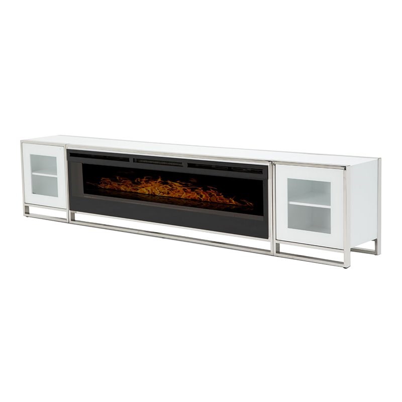 Michael Amini State St. Stainless Steel Electric Fireplace w/ Cabinets in White