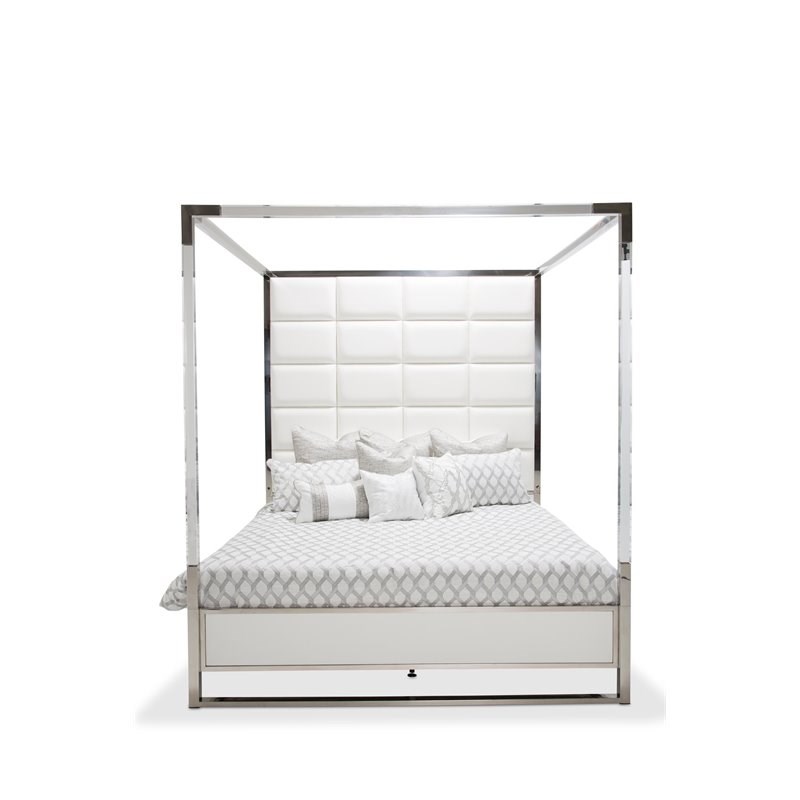 Michael Amini State St. Metal & Faux Leather Cal King Canopy Bed in Satin White