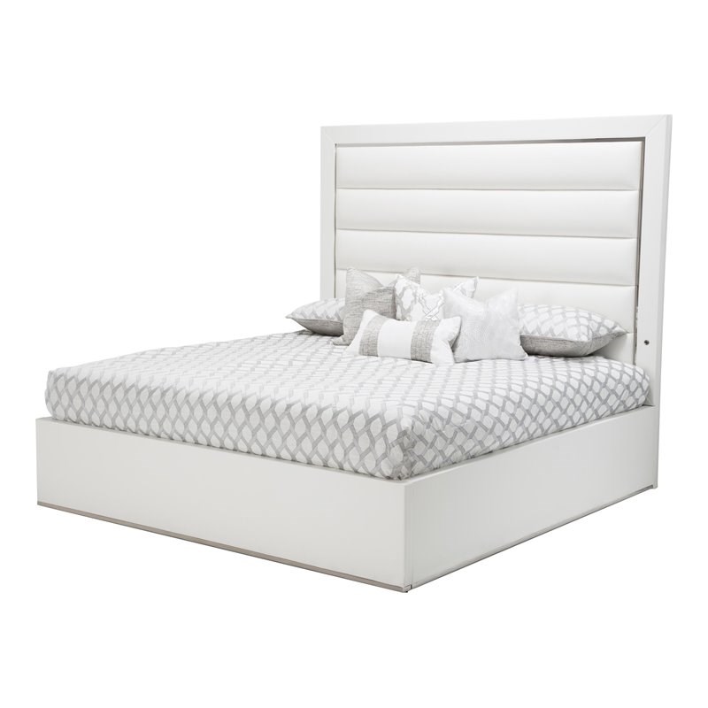 Michael Amini State St. Metal/Faux Leather Eastern King Panel Bed in Satin White