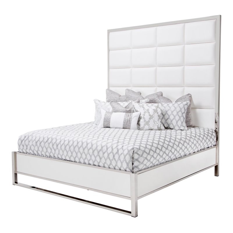 Michael Amini State St. Metal/Faux Leather Queen Panel Tufted Bed in Satin White