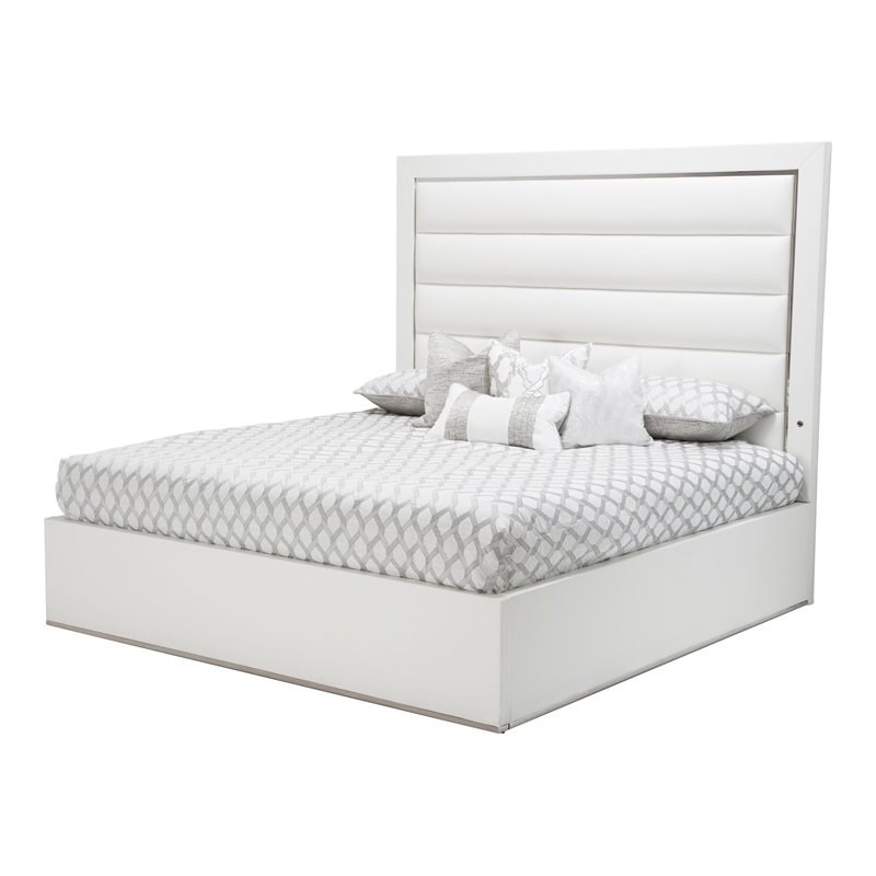 Michael Amini State St. Metal & Faux Leather Queen Panel Bed in Satin White