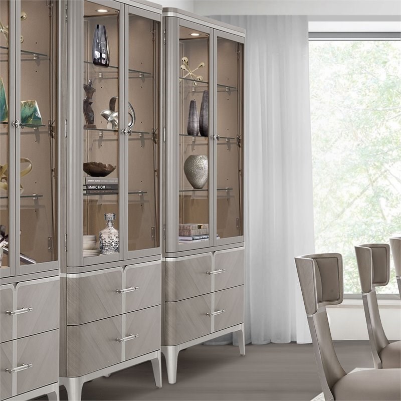 Michael Amini Lanterna Poplar Wood & Glass Display Cabinet in Silver Mist/Beige