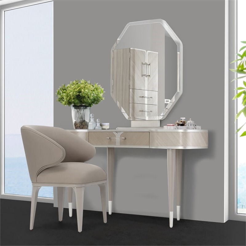 Michael Amini Lanterna Poplar Wood & Glass Vanity Set w/ Mirror & Chair in Beige