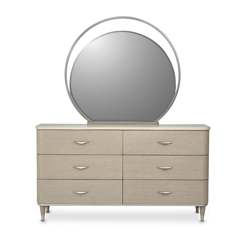 Michael Amini Eclipse Wood & Marble Dresser with Mirror Set in Moonlight Beige