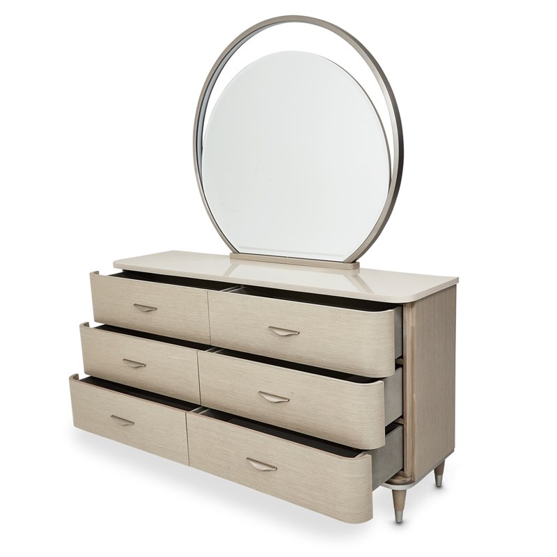 Michael Amini Eclipse Wood & Marble Dresser with Mirror Set in Moonlight Beige