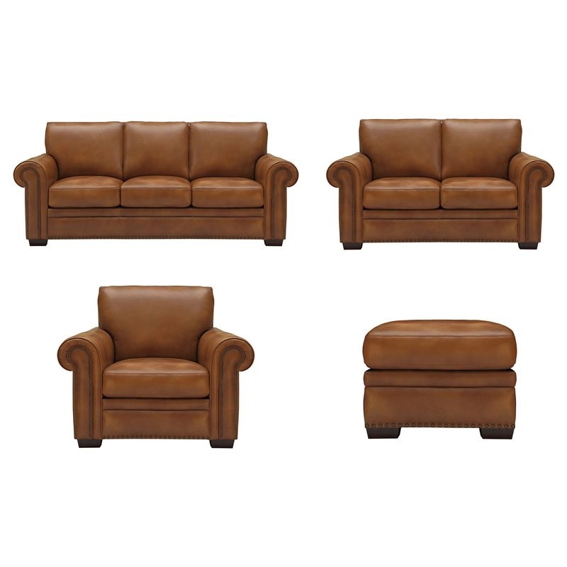 Sofa4life Paradiso 4-Piece Genuine Leather & Wood Sofa Set in Whiskey Brown