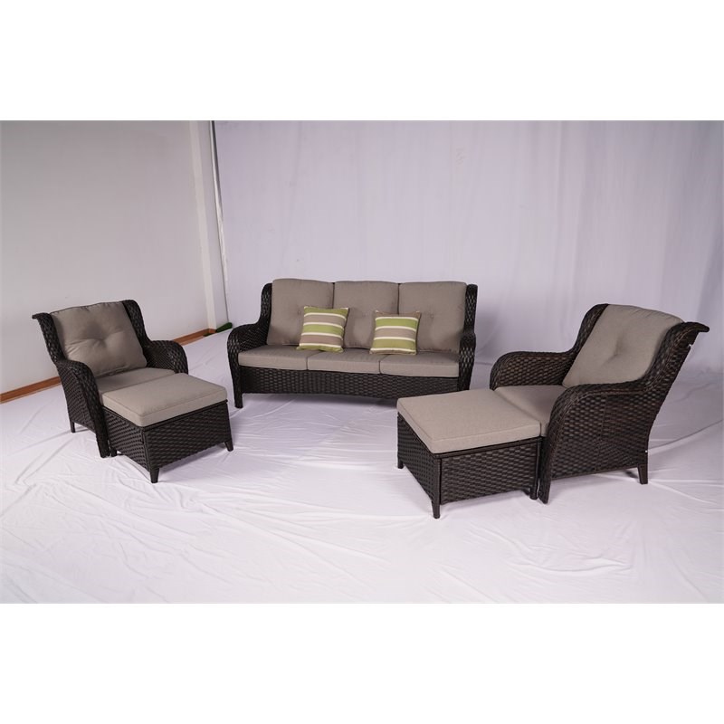 Direct Wicker 5 Pc. Brown Conversational Seating Set with Gray Cushions