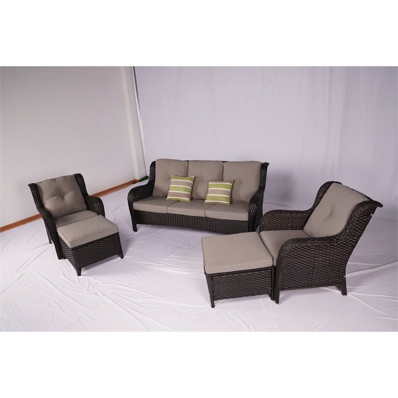Direct Wicker 5 Pc. Brown Conversational Seating Set with Gray Cushions
