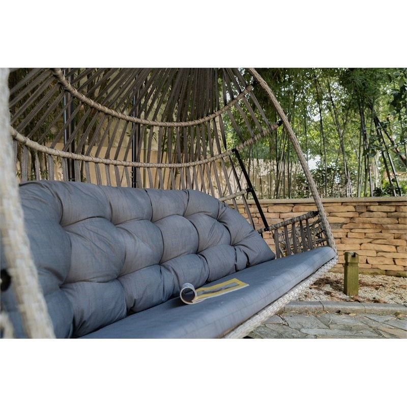 Direct Wicker Beige Double Seat Patio Swing Chair with Dust Blue Cushion