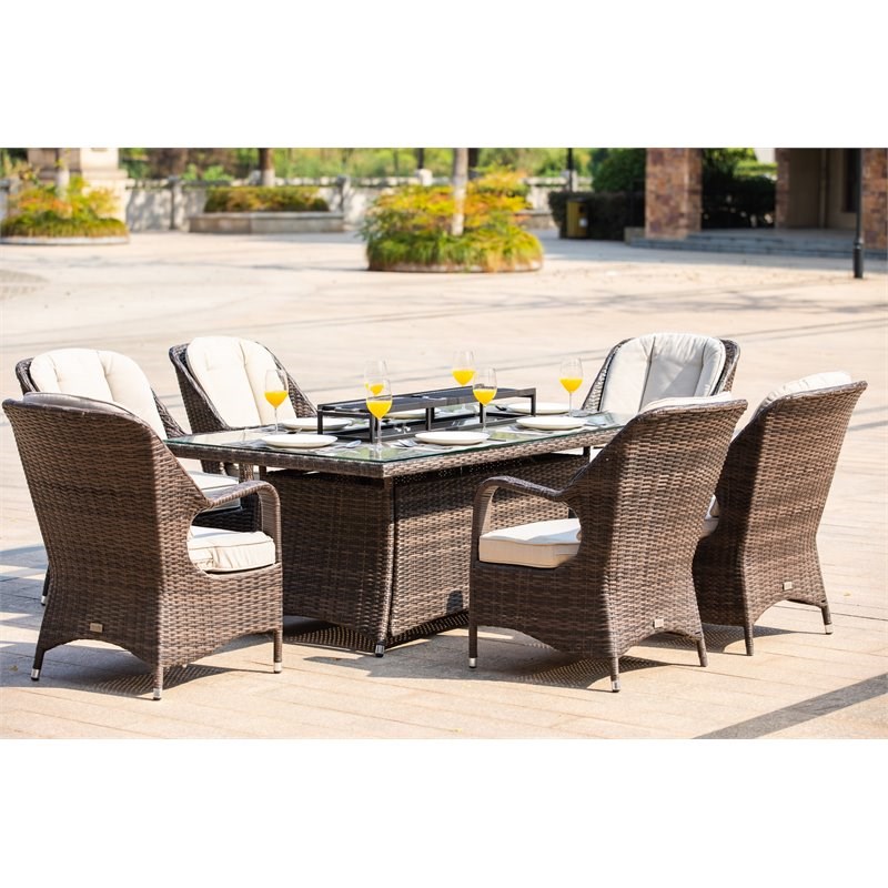 Direct Wicker 6 Seat Rectangle Gas Fire Pit Dining Table w/ Eton Chair in Brown