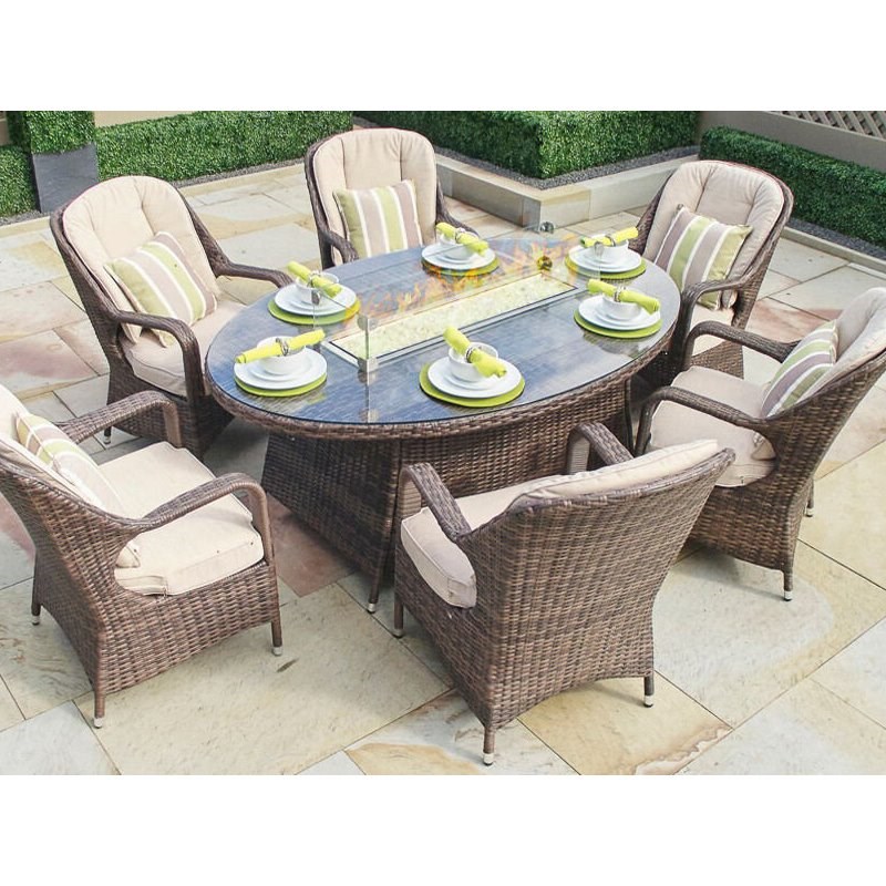 Direct Wicker 6 Seat Oval Fire Pit Dining Table with Eton Chair in Brown